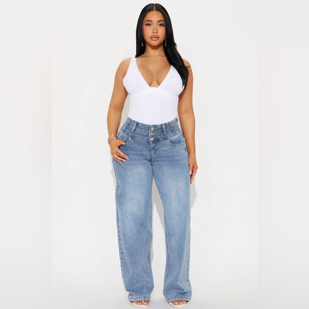 ❥𝖥𝖠𝖲𝖧𝖨𝖮𝖭𝗡𝗢𝗩𝗔: Dark Paradise Denim Corset Waist Wide Leg Jeans - Medium Wash